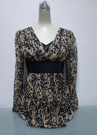 Блуза шелковая женская черно коричневая приталенная под пояс нарядная