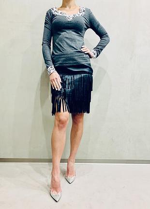 Юбка миди кожаная натуральная черная бахрома balizza