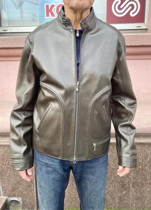 Куртка мужская кожаная натуральная короткая оливковая на молнии ворот стойка