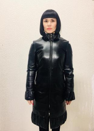 Пальто кожаное натуральное женское adamo черное2 фото