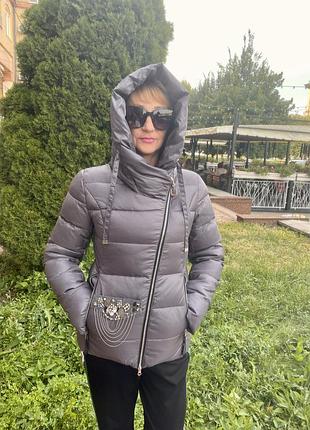 Куртка пуховик жіночий сірий короткий на блискавці з капюшоном finebabycat7 фото
