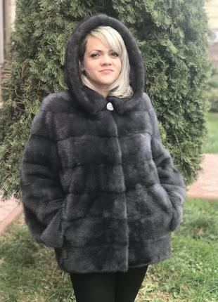 Шуба з норки поперечка графіт із капюшоном