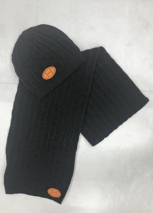 Комплект unisex шапка шарф чорний в'язаний трикотажний