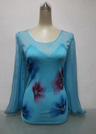 Блуза-кофточка жіноча блакитна шовкова з трикотажними вставками ошатна