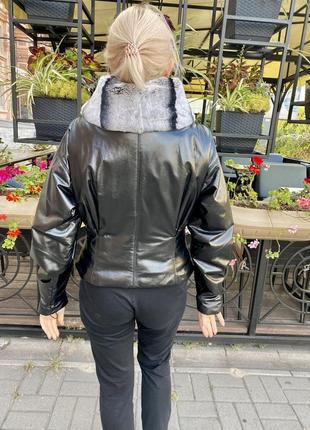 Кожаная женская куртка с мехом шиншиллы9 фото