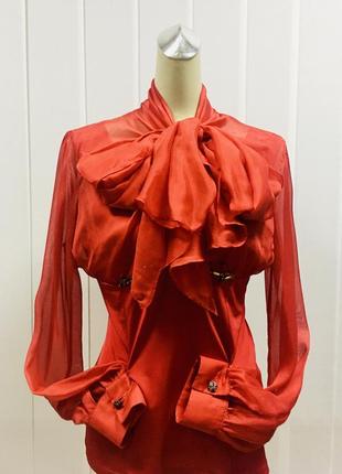 Блуза сорочка шовкова жіноча balizza червона з бантом довгий рукав1 фото