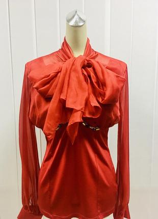 Блуза сорочка шовкова жіноча balizza червона з бантом довгий рукав2 фото