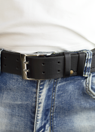 Ремень мужской кожаный с двумя язычками черный kb-45 (130 см)7 фото