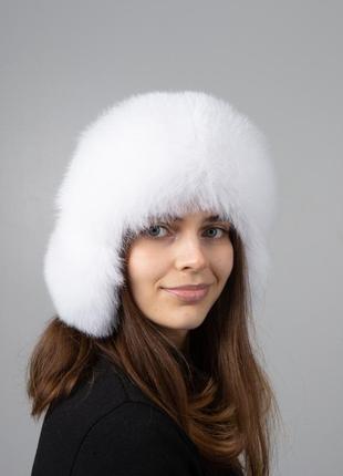 Белая женская меховая шапка ушанка с трикотажем