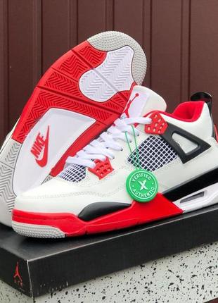 Мужские кроссовки nike air jordan 4 retro кожаные белые красные3 фото