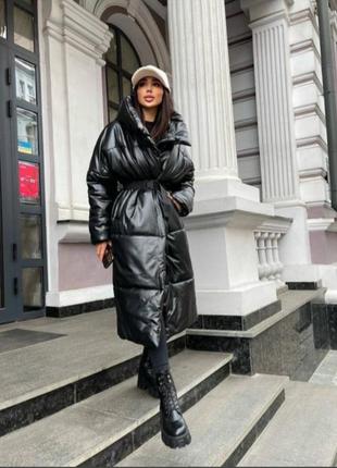 Кожаное пальто куртка пуховик в стиле zara свободного кроя оверсайз с капюшоном| зима до -20⁰