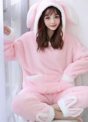 Новая мягкая тёплая розовая зимняя пижама зайчик с капюшоном с ушками и карманами s m