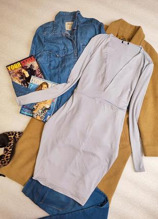 Платье дайвинг по фигуре карандаш футляр миди с длинным рукавом глубоким вырезом