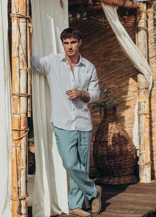 Чоловічі брюки morandi із льону бірюзовий колір7 фото