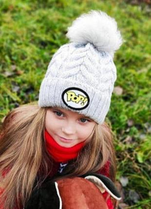 Зимова шапка з натуральним помпоном на флісі дівчинці р.50-54