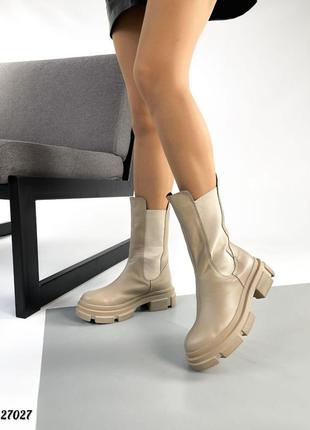 Жіночі зимові шкіряні сапожки челсі натуральна шкіра з хутром бежеві чобітки черевики кремові беж крем зимні ботинки зима міді3 фото