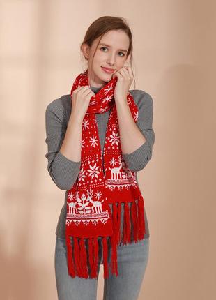 Вязаный шарф новогодний зимний со снежинками и оленями 160*16 см1 фото