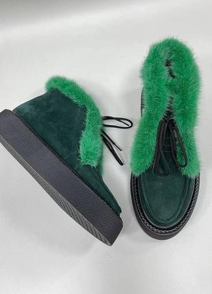 Шикарні зелені хайтопи черевики натуральна замша хутро натуральна норка2 фото