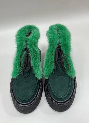 Шикарні зелені хайтопи черевики натуральна замша хутро натуральна норка1 фото