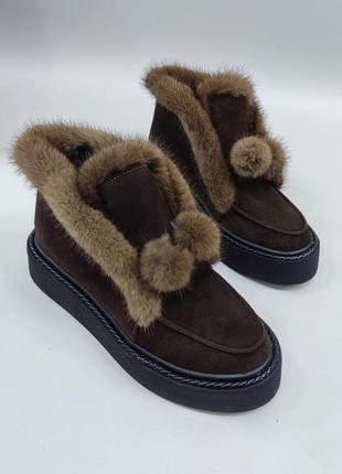Шоколадні лофери зимові з хутром норки та бубенчиками натуральні 36-41