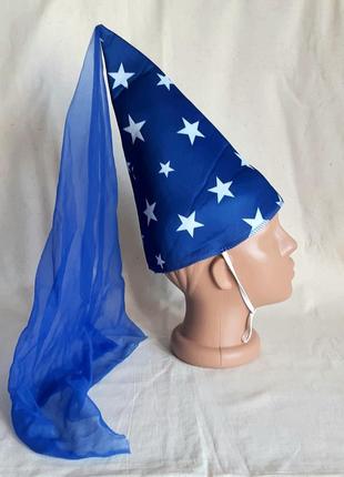 Шляпа колпак феи с вуалью синий в звёзды2 фото