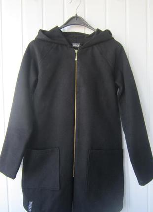 Новое с биркой стильное черное пальто с капюшоном из кашемира р.s/42-44