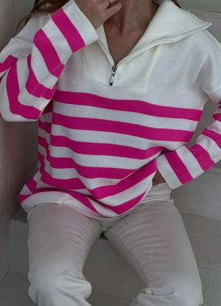 Свободный свитер на молнии в полоску, розовый, зелёный, чёрный, белый, размер 42-46