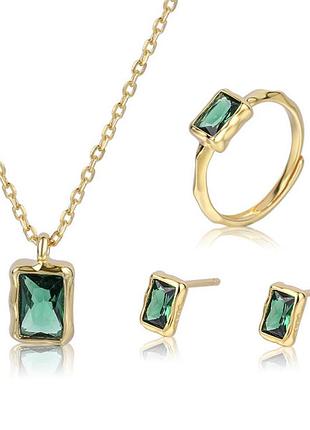 Серебряный s 925 набор позолоченный золотом au 585 с зелеными камнями «eyes forest»: кольцо, цепочка с подвесом, серьги пусеты.