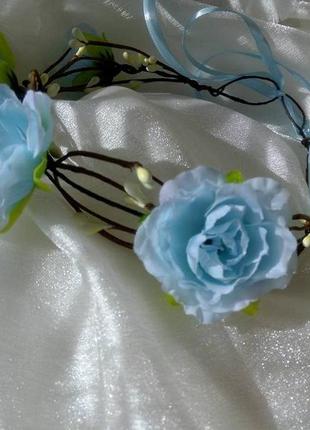 Ободок с голубыми розами для выпускного,веночек с розами для волос. аксессуар для волос фотосессии2 фото