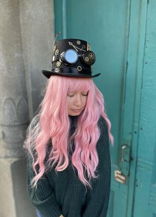 Шляпа стимпанк, карты и перо, с шестерёнками и очками , высокий цилиндр3 фото