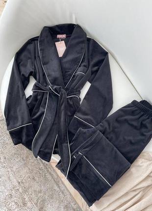 Велюровый комплект "шаль" для дома, плюшевая чёрная пижама, пижама, домашний костюм кимоно/халат и штаны/ домашний костюм халат штаны