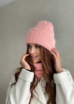 Набор шапка ангора баф шарф теплый зима осень пудра розовая2 фото