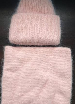 Набор шапка ангора баф шарф теплый зима осень пудра розовая1 фото