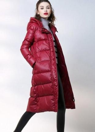 Жіночий бордовий пуховик-пальто2 фото