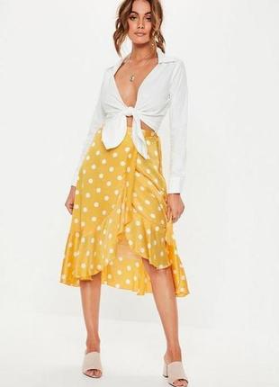 Missguided юбка на запах желтая в белый горох атласная с поясом новая миди1 фото