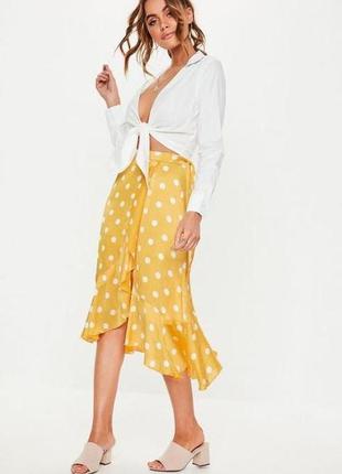 Missguided юбка на запах желтая в белый горох атласная с поясом новая миди2 фото
