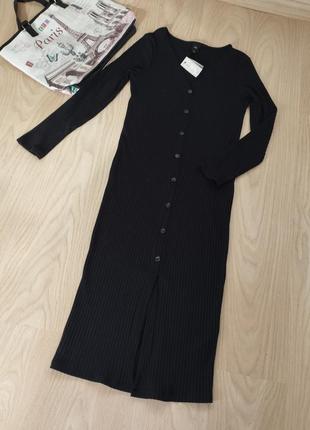 Стильное длинное черное платье в рубчик 38-40