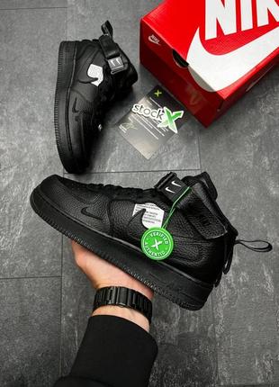 Nike air force mid utility all black x, кроссовки мужские найк форс чёрные, кросівки найк форс чорні чоловічі