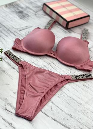 Женский комплект белья victoria`s secret виктория сикрет стразы бразилиана - розовый