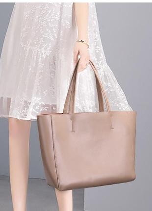 Жіноча шкіряна велика бежева сумка-шопер5 фото