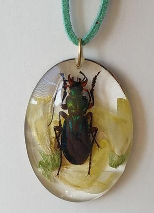 Кулон жук, кулон зі справжнім зеленим рідкісним жуком1 фото