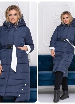 Зимове жіноче пальто плащівка матова силікон 300 синій з поясом на молнії і кнопках6 фото