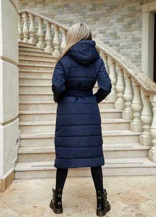 Зимове жіноче пальто плащівка матова силікон 300 синій з поясом на молнії і кнопках3 фото