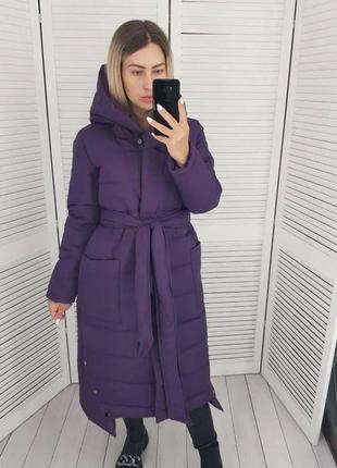 Зимове жіноче пальто плащівка матова силікон 300 фіолет з поясом на молнії і кнопках3 фото