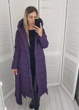 Зимове жіноче пальто плащівка матова силікон 300 фіолет з поясом на молнії і кнопках4 фото