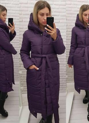 Зимове жіноче пальто плащівка матова силікон 300 фіолет з поясом на молнії і кнопках6 фото