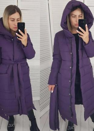 Зимове жіноче пальто плащівка матова силікон 300 фіолет з поясом на молнії і кнопках5 фото
