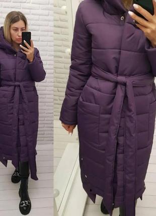 Зимове жіноче пальто плащівка матова силікон 300 фіолет з поясом на молнії і кнопках7 фото