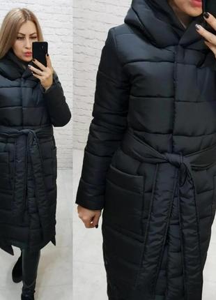 Зимове жіноче пальто плащівка матова силікон 300 чорний з поясом на молнії і кнопках8 фото