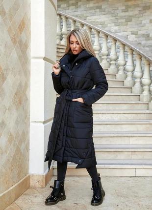 Зимове жіноче пальто плащівка матова силікон 300 чорний з поясом на молнії і кнопках3 фото
